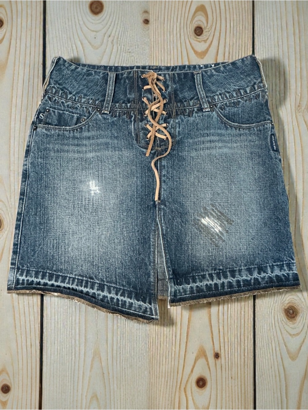 Silver Jeans Blue Denim Jean Skirt with Leather Lace Up Size 29